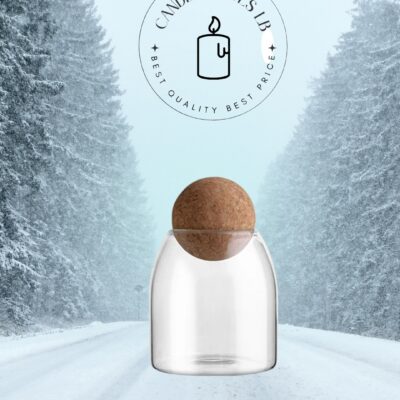 Glass jar with wood ball 500 ml وعاء زجاجي مع غطاء خشب على شكل طابه